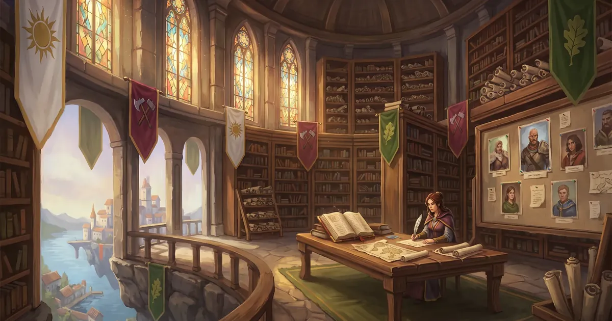 Illustration: a round archive hall with bookshelves, banners and a board of hero portraits