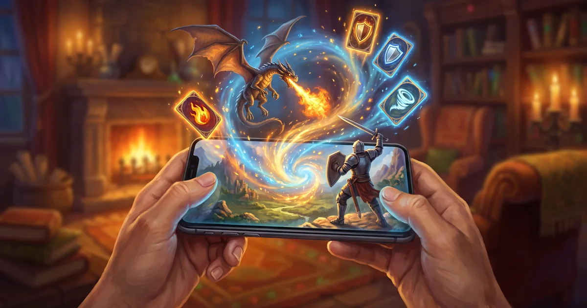 Illustration: a dragon, a knight and spell cards burst out of a phone held in landscape