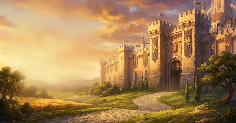 A road to a castle at dawn — the art of the Zarhold login screen