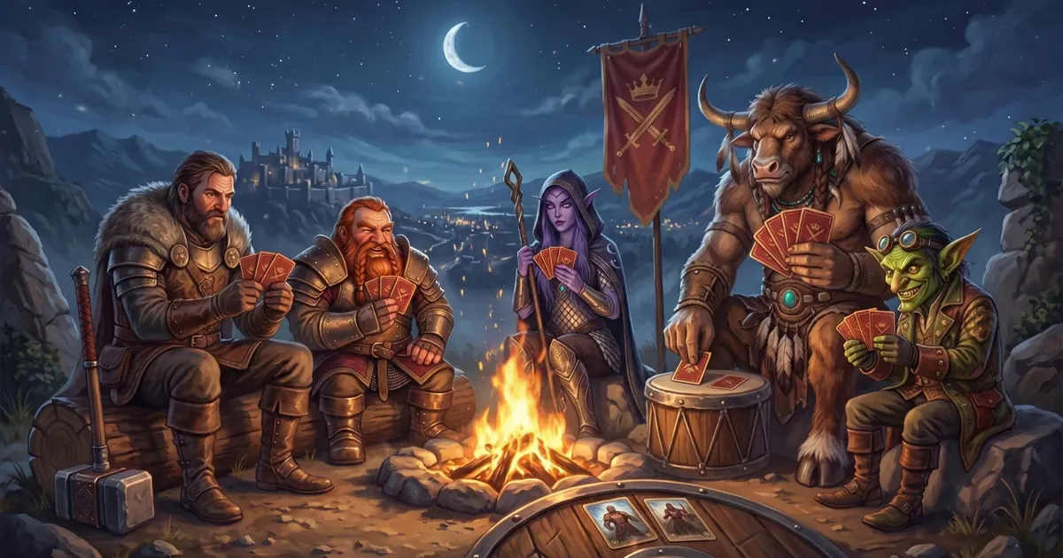 Illustration: heroes of different races playing cards by a campfire above a valley at night