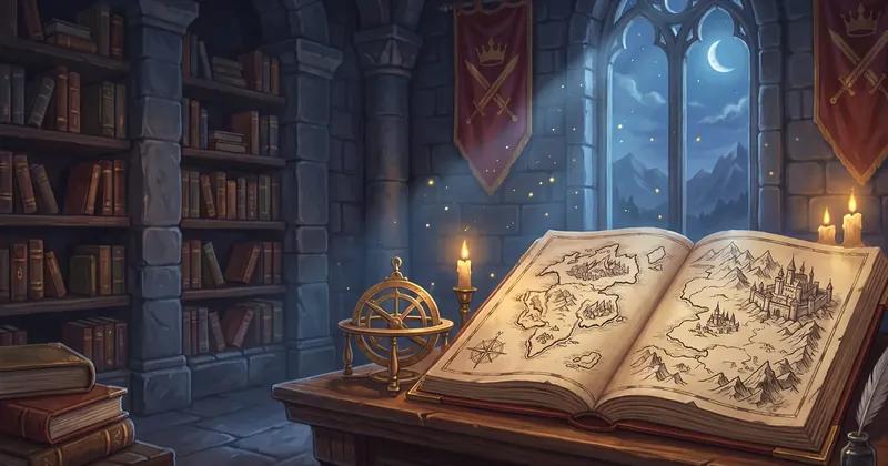 Illustration: an open book with a map of a fantasy world in an old library