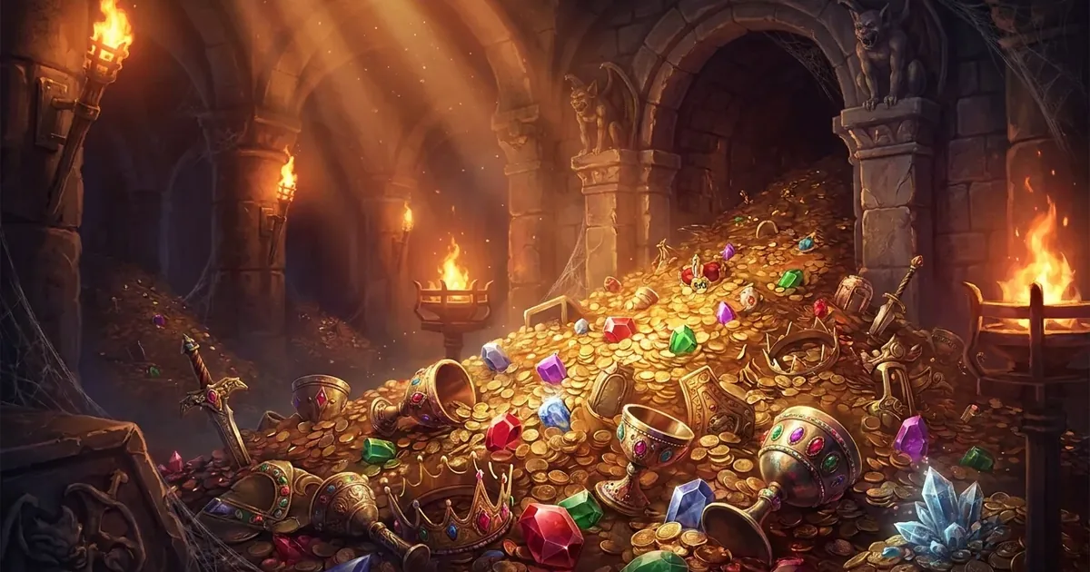 A treasure vault full of gold and gems — the art of the Zarhold loot screen