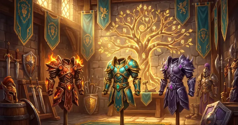 Illustration: three suits of armour on mannequins in a guild hall under banners, a golden tree glowing behind them