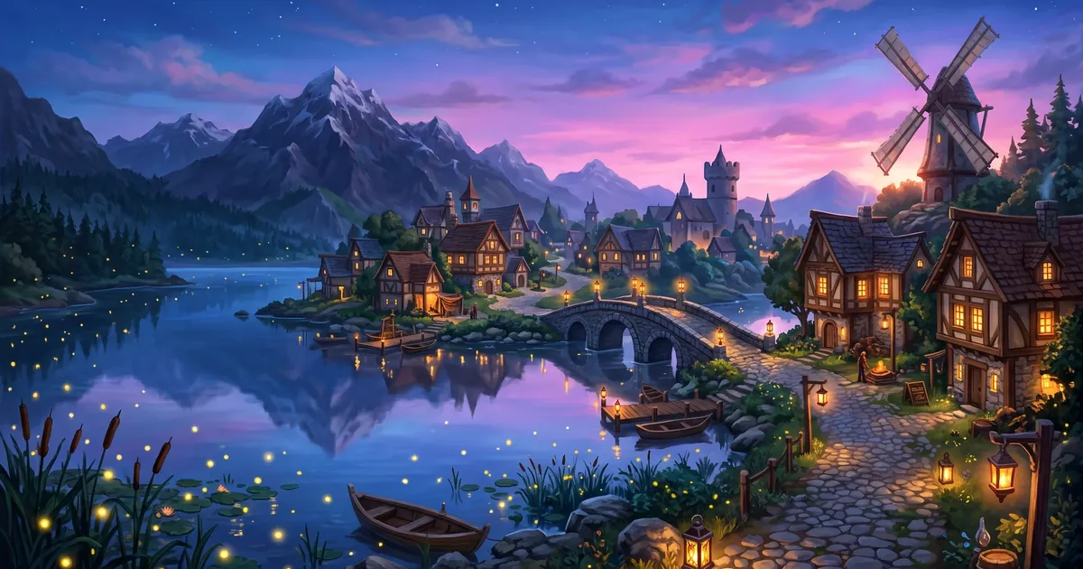 Illustration: an evening harbour by a mountain lake — half-timbered houses, a windmill, boats and lit windows