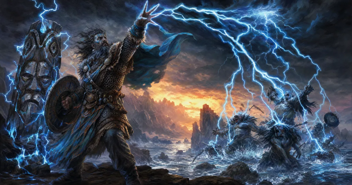 Illustration: a storm warrior in mail with a shield calls lightning down on monsters beside a crackling stone totem