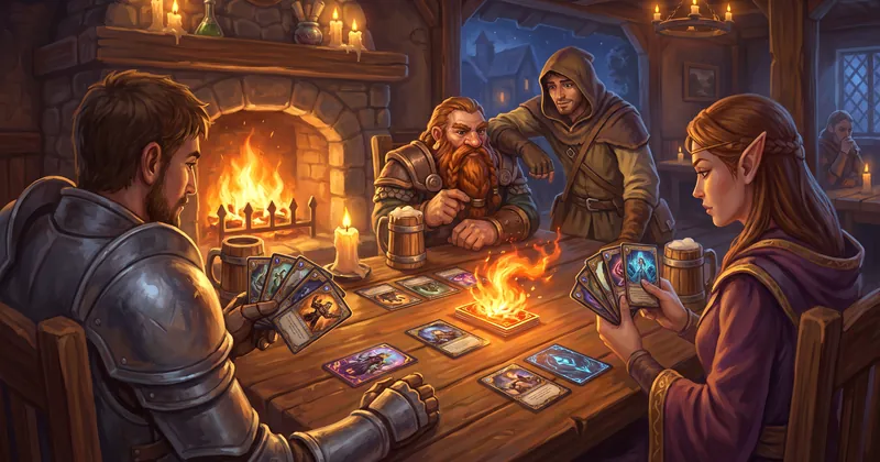 Illustration: a knight and an elven mage in a card duel at a tavern table