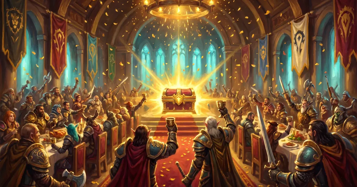 Illustration: a celebration in a vast castle hall — heroes of every race gathered under banners