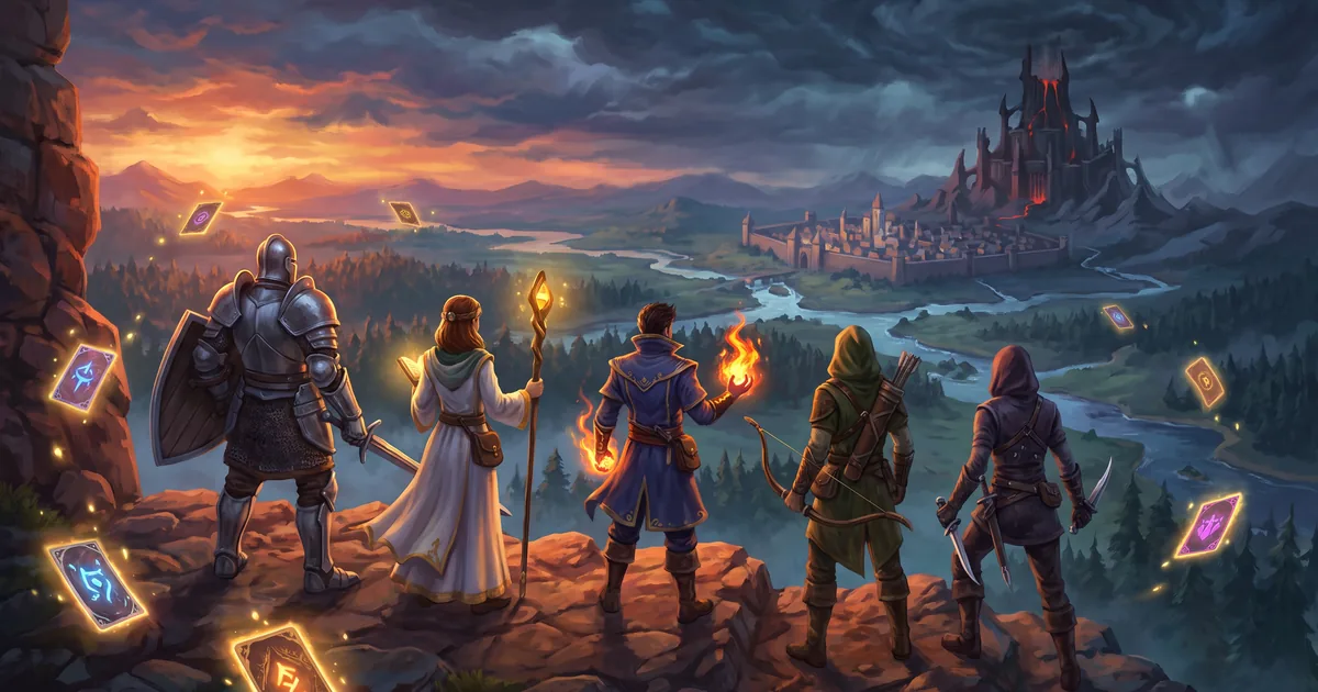 Illustration: a party of five heroes on a cliff above a fantasy continent, with cards floating around them