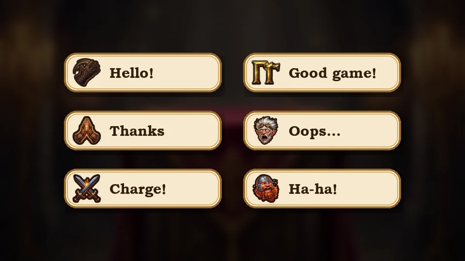 The six battle emotes: Hello!, Good game!, Thanks, Oops…, Charge! and Ha-ha!
