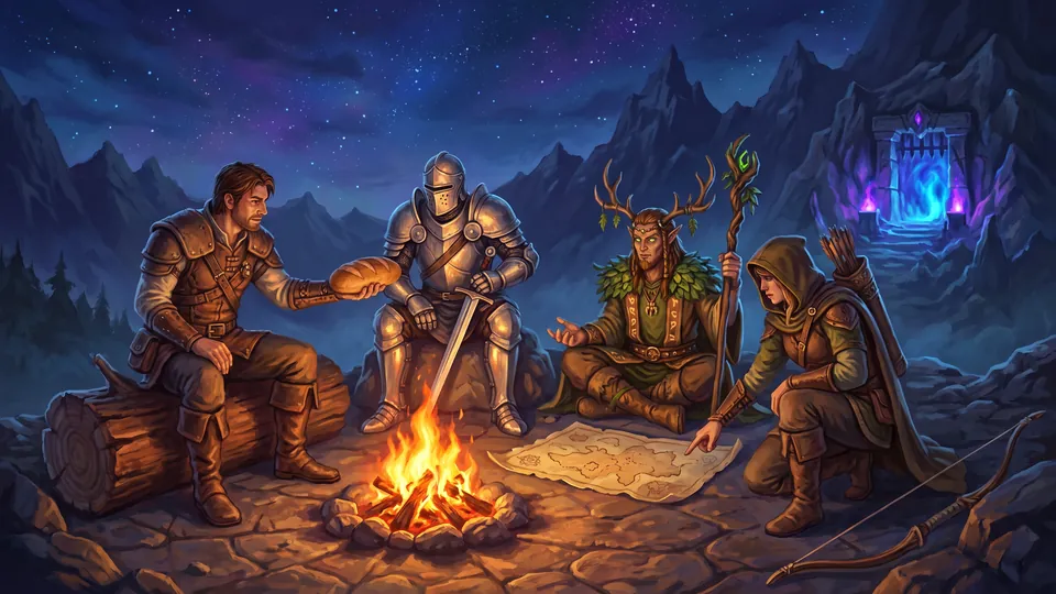 A lone hero by a campfire with three companions: a knight, a druid and an archer