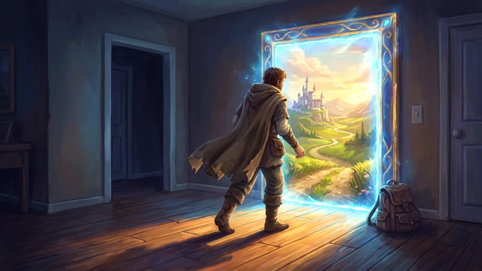 The browser as a portal: a traveller steps from an ordinary room into a sunlit valley with a castle