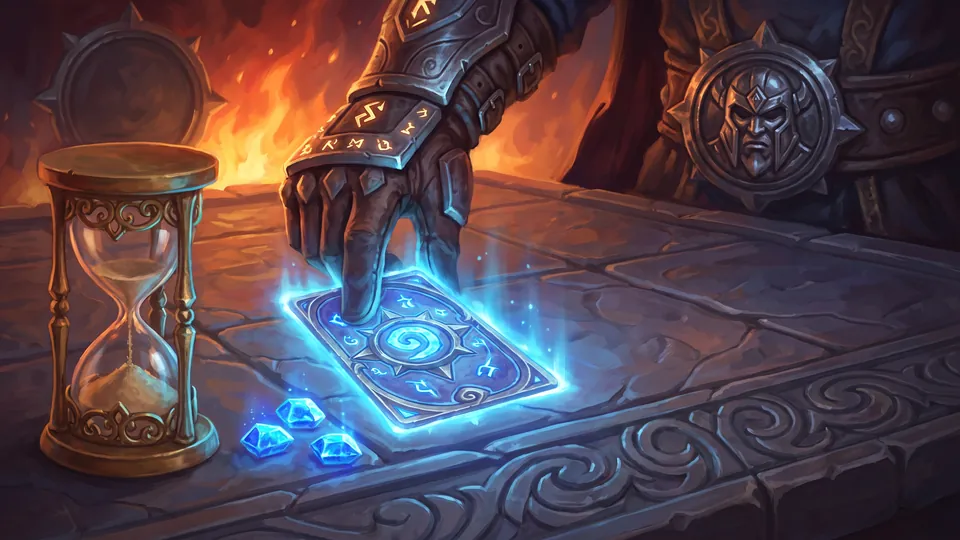 A turn in combat: a hand of cards, crystals and an hourglass