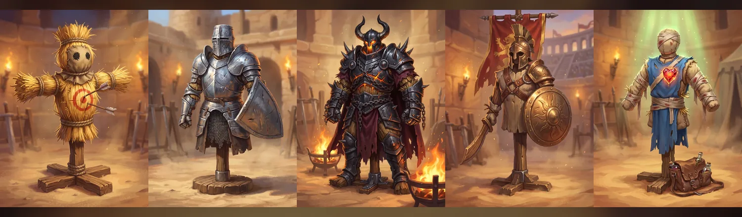 Five training dummies: straw, plated, Level 60 Boss, Arena Fighter and the healer's mannequin