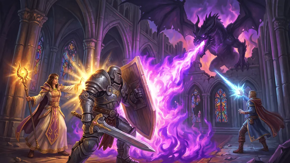 A tank blocks a dragon’s blast with his shield while a healer heals him and a mage attacks from the side