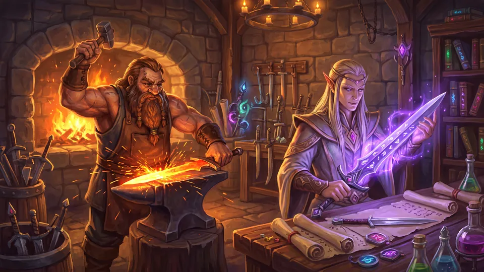 A blacksmith forges a blade while an enchanter beside him infuses a finished sword with magic