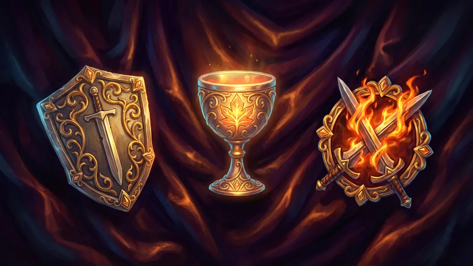 The three MMORPG roles: a tank’s shield, a healer’s chalice and a damage dealer’s blades