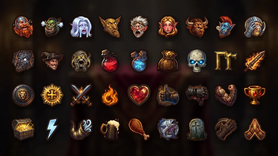 The 36 Zarhold smileys: faces of every race, potions, gold, a skull, a cup and more