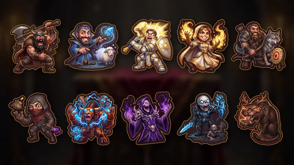 Art from the ten class sticker packs — one hero of each class