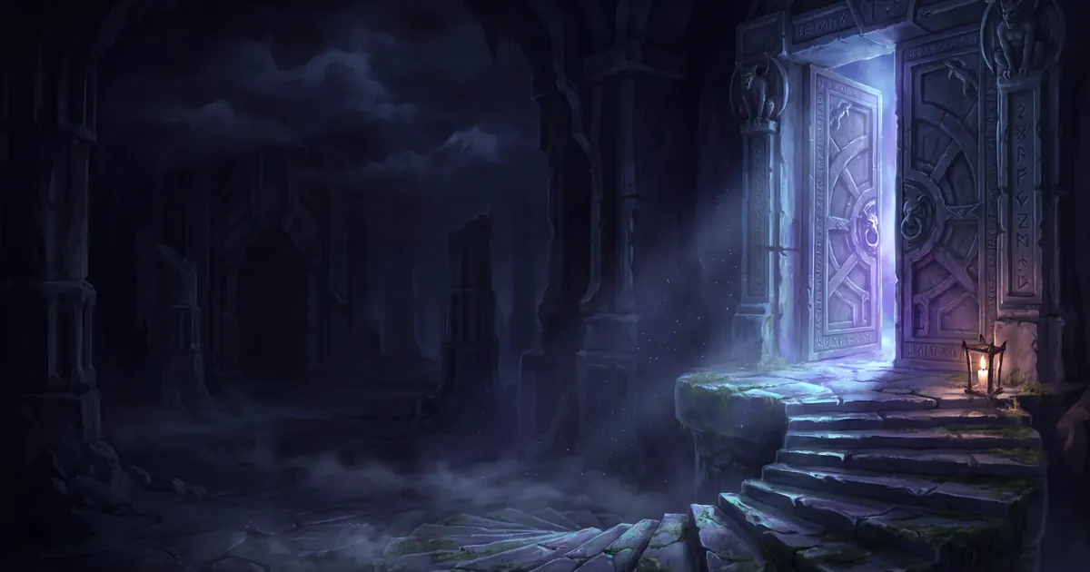 Illustration: a stone door ajar in a dark dungeon, violet light pouring through the gap, a lantern burning at the threshold