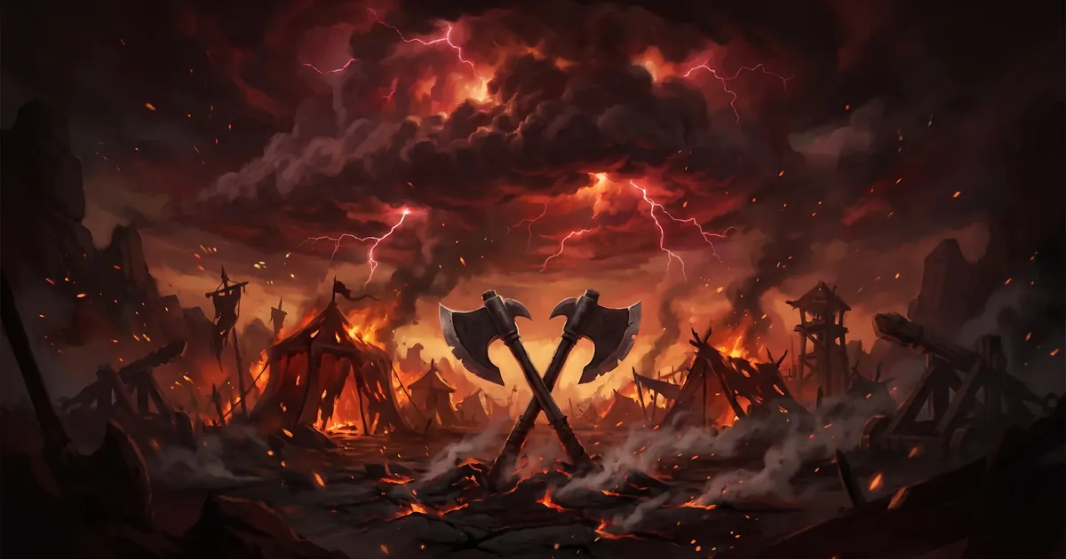 Illustration: two crossed axes in flames above a battlefield under a stormy sky