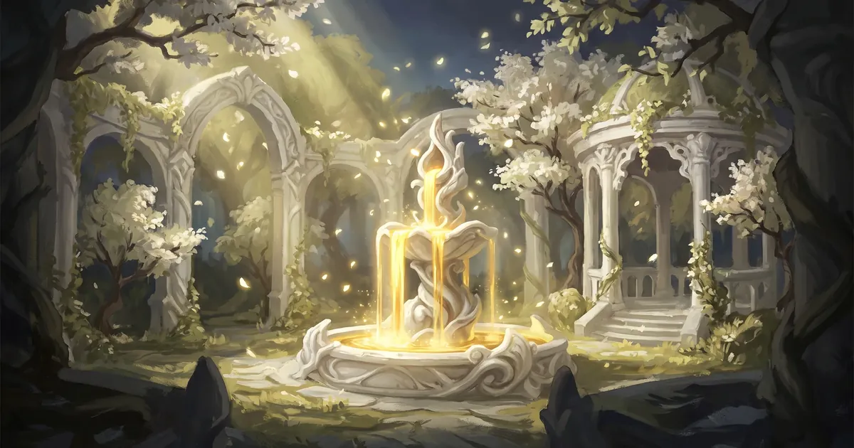 Illustration: a bright temple with white trees and a golden fountain giving off a warm glow