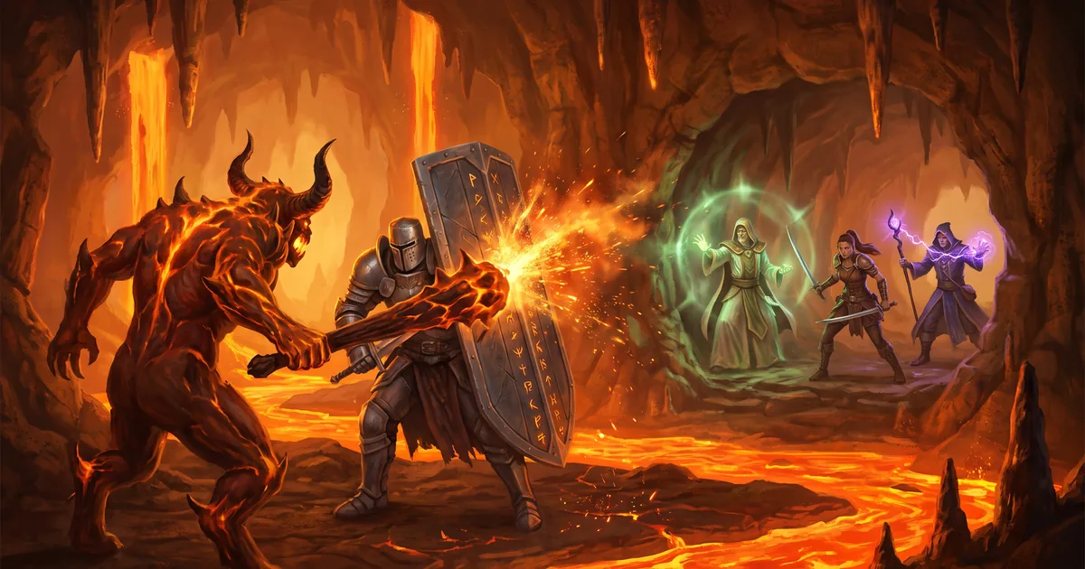 Illustration: a knight with a tower shield blocks a fire beast’s blow, with a healer and fighters behind him