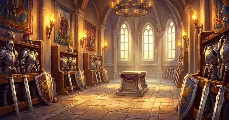 An armoury with armour and shields — the backdrop of the hero sheet in Zarhold
