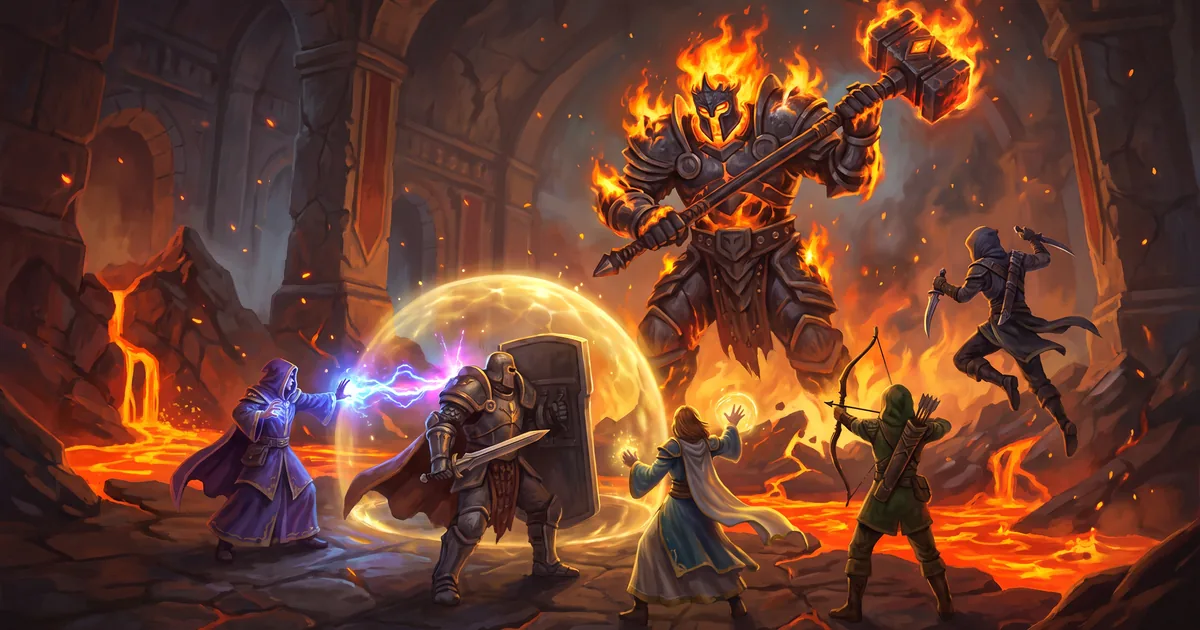 Illustration: a party of five heroes facing a giant fire colossus in an underground hall of lava