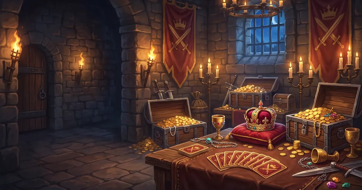 Illustration: a treasury with chests full of gold, a crown on the table and candles in stone niches