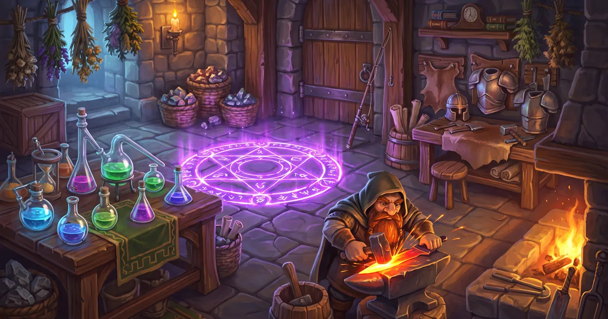Illustration: a workshop with an anvil, an alchemy table and a glowing enchanting circle