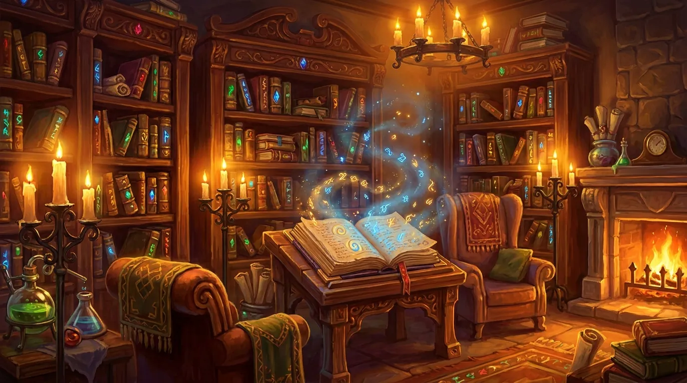 Иллюстрация: раскрытая книга заклинаний в библиотеке мага