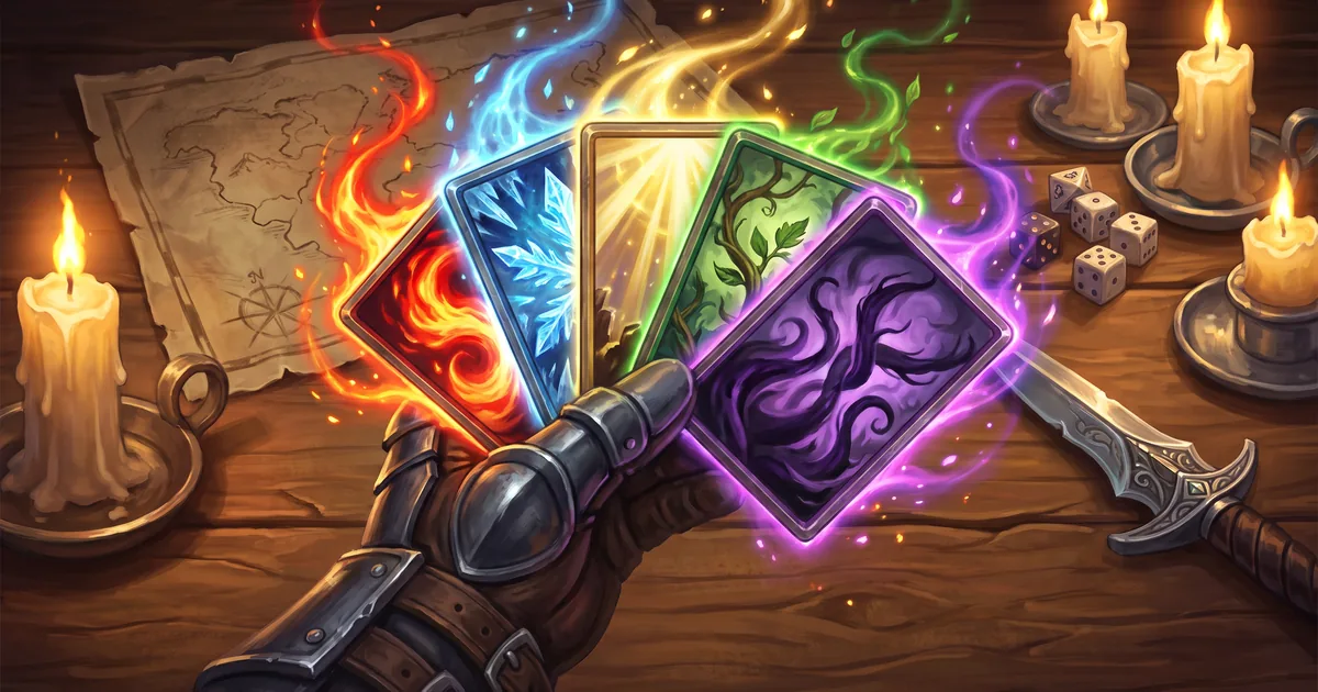 Illustration: an armoured gauntlet holding a fan of five glowing spell cards