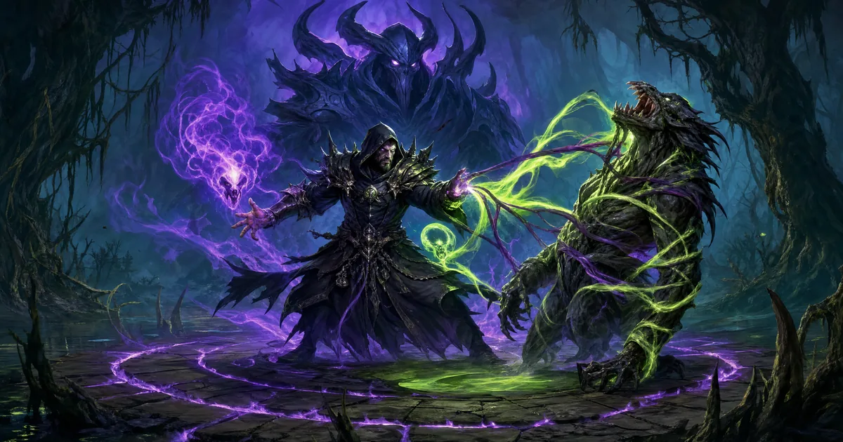 Illustration: a hooded Warlock weaves violet-green magic, cursed threads bind a monster, a horned shadow guardian looms behind