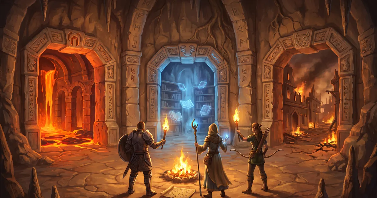 Illustration: a party of three heroes with torches at a crossroads — three stone gates lead into different wings of one dungeon