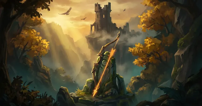 Illustration: a glowing blade stuck in stone among sunlit ruins in an autumn forest