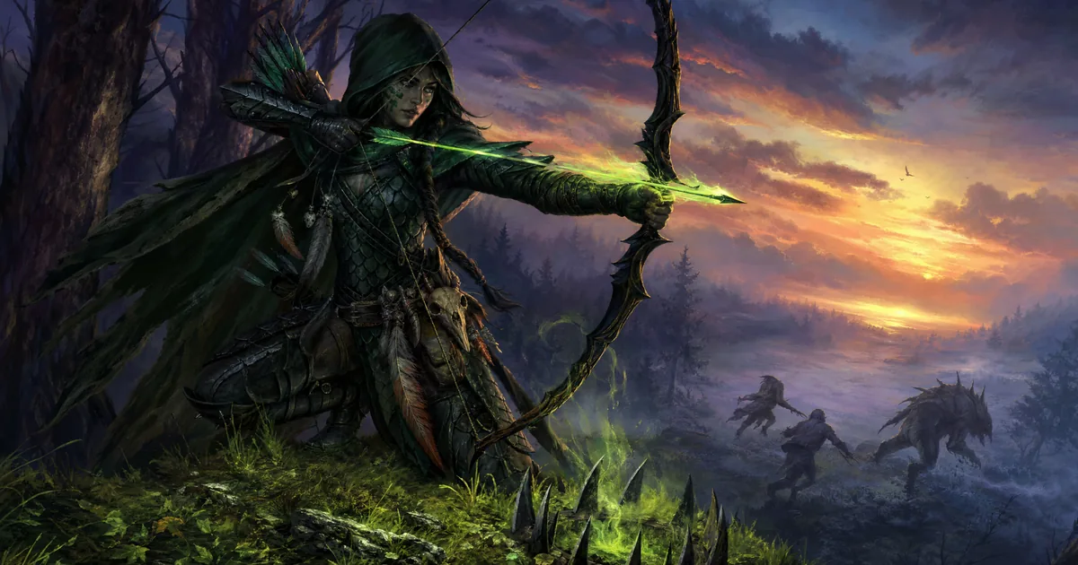Illustration: an archer in green scale mail draws her bow on a misty ridge, the arrow glowing with poison, a trap at her feet