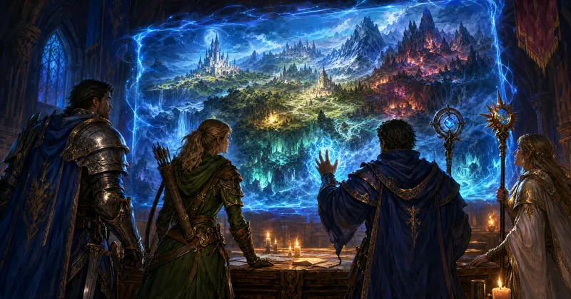 Illustration: heroes of different classes gather around a magic window showing a vast fantasy world