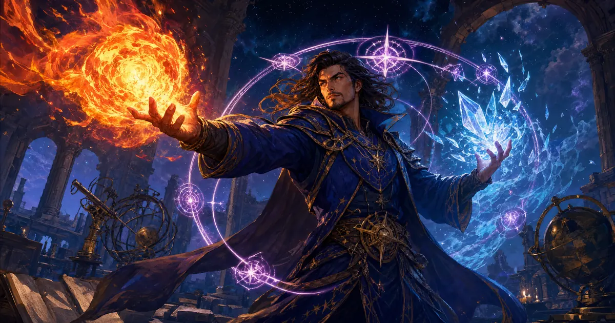 Illustration: a Mage in star-embroidered blue robes hurls a ball of flame while shards of ice swirl around his other hand