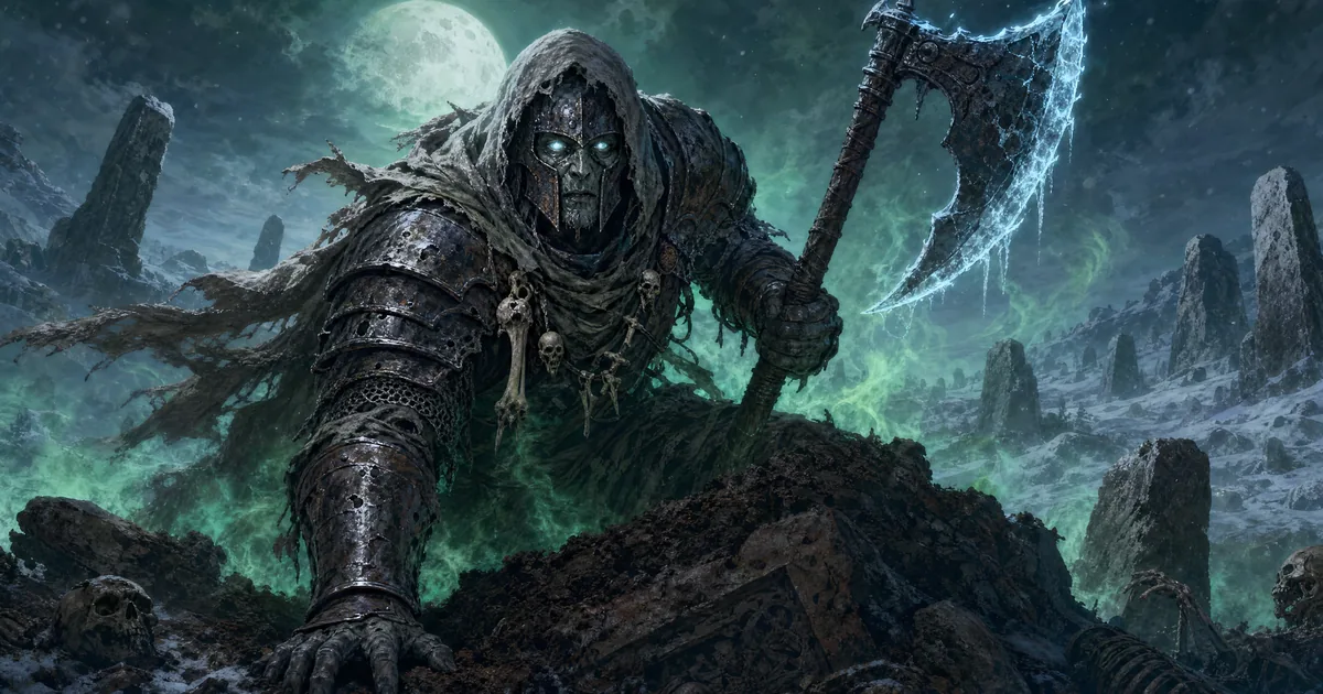 Illustration: a risen warrior in black plate and a torn hood with a frost-rimmed two-handed axe climbs out of a burial mound in green mist