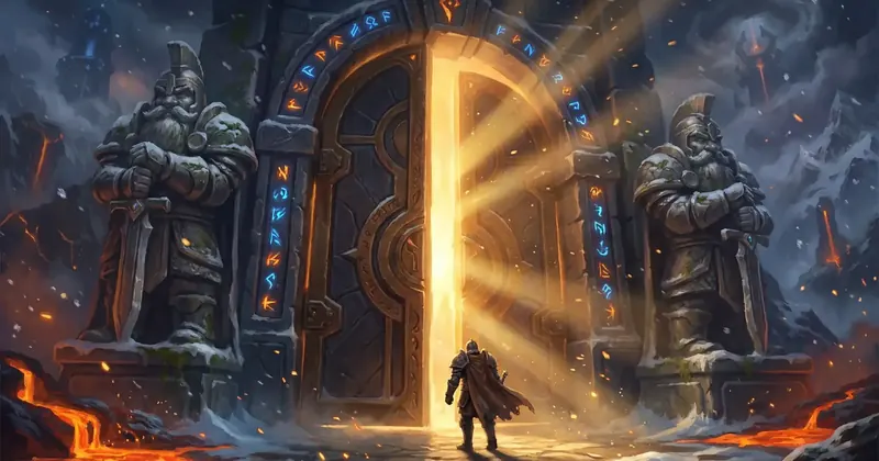 Illustration: huge forged dungeon gates with golden light pouring through the gap and a lone hero at the threshold