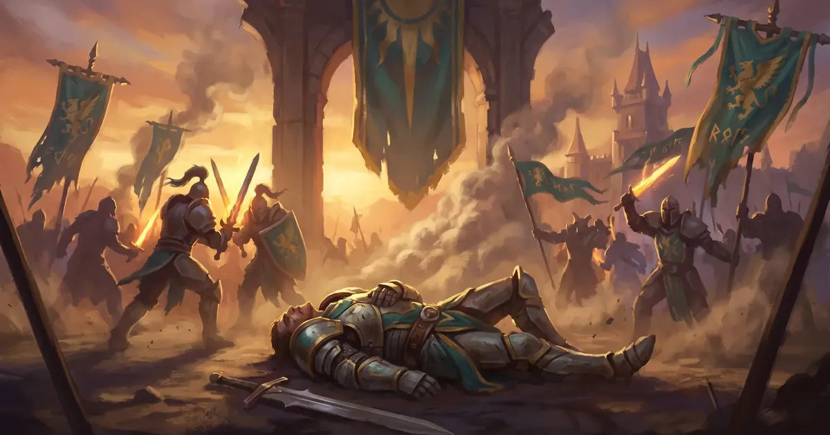 Illustration: a battlefield after the clash — banners, dust and fallen foes