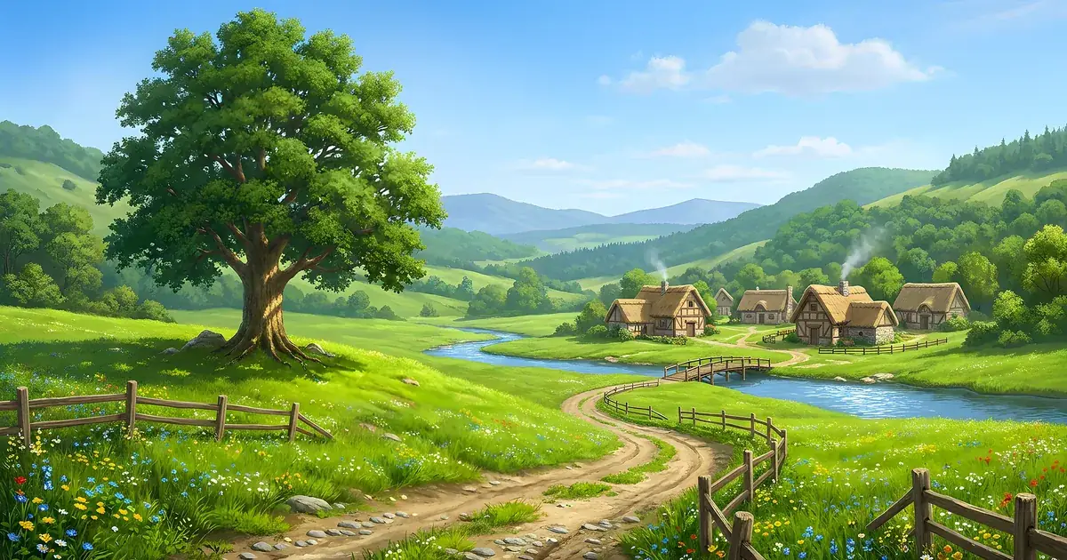 Illustration: a peaceful green valley with a road to a village — the start of a hero’s journey