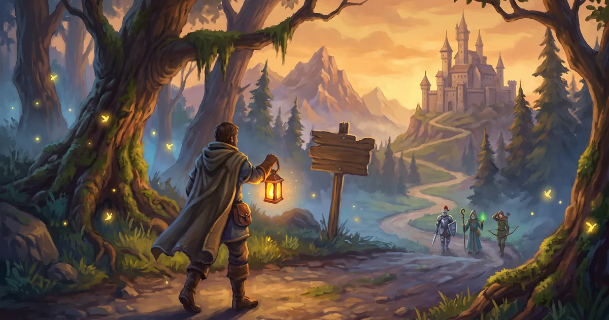 Illustration: a lone traveller with a lantern walks a forest road towards a castle while three companions catch up