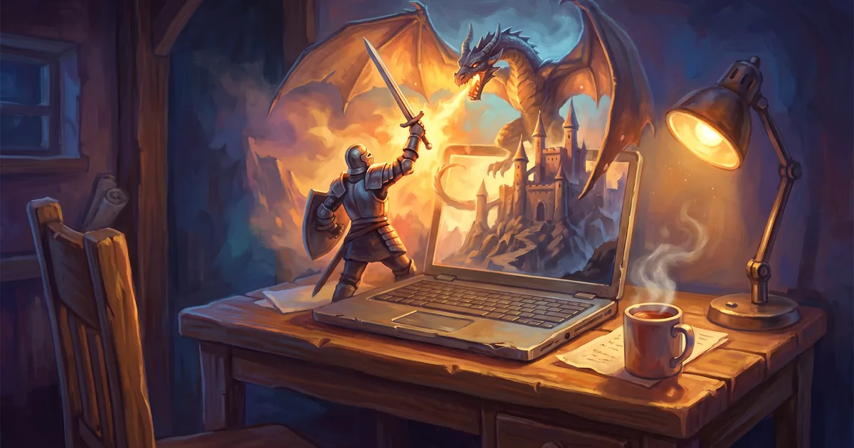 Illustration: a knight fighting a dragon above a castle rises out of an old laptop’s screen