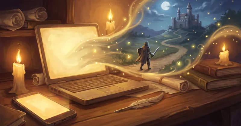 Illustration: the same world flows out of a laptop and a phone screen — a road, a castle and a traveller with a sword