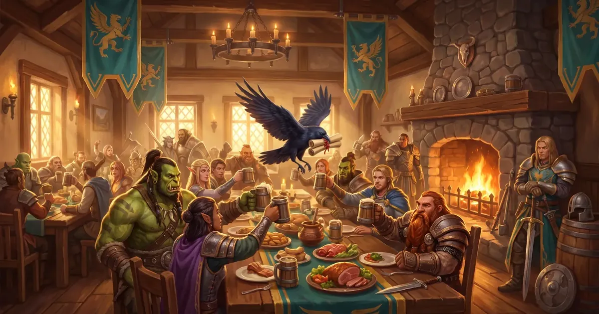 Illustration: a lively tavern where heroes of different races feast at a long table
