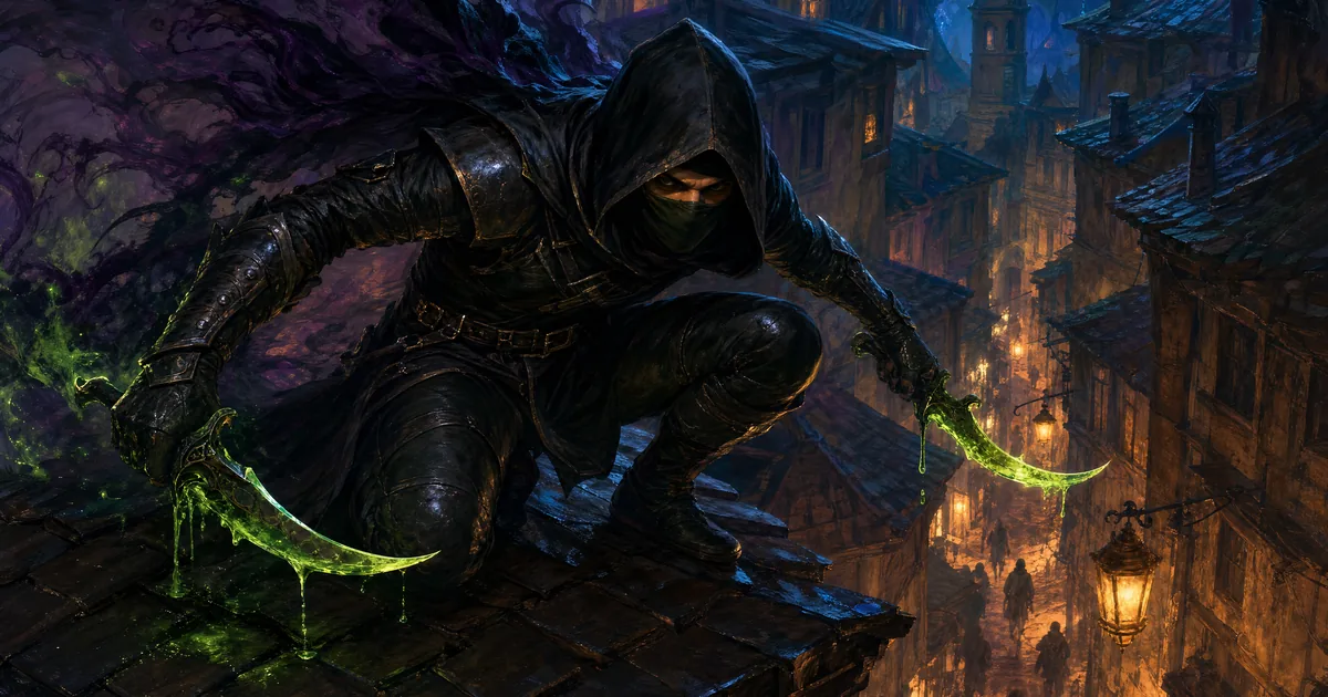 Illustration: a Rogue in black leather and a hood with two poison-green daggers on a wet rooftop above a moonless alley