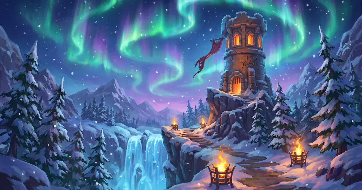 Illustration: a snowy tower by a waterfall under the northern lights, with lit windows and lanterns along the path