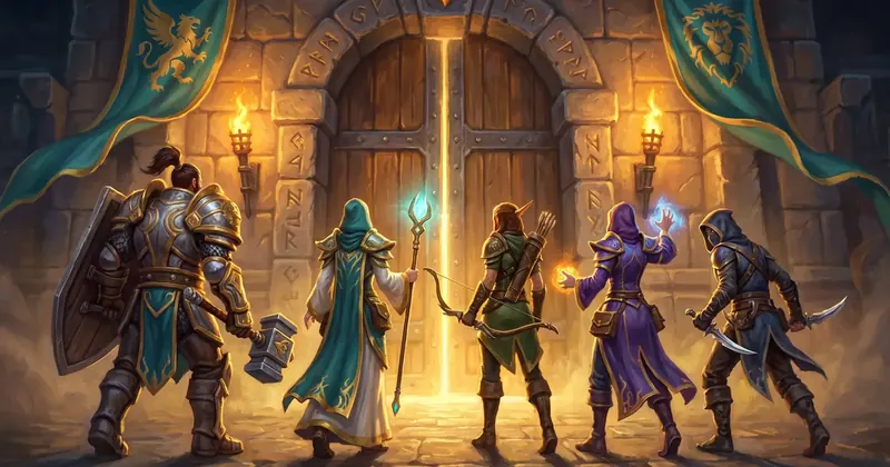 Illustration: a party of five heroes at the huge gates of a dungeon lit by torches