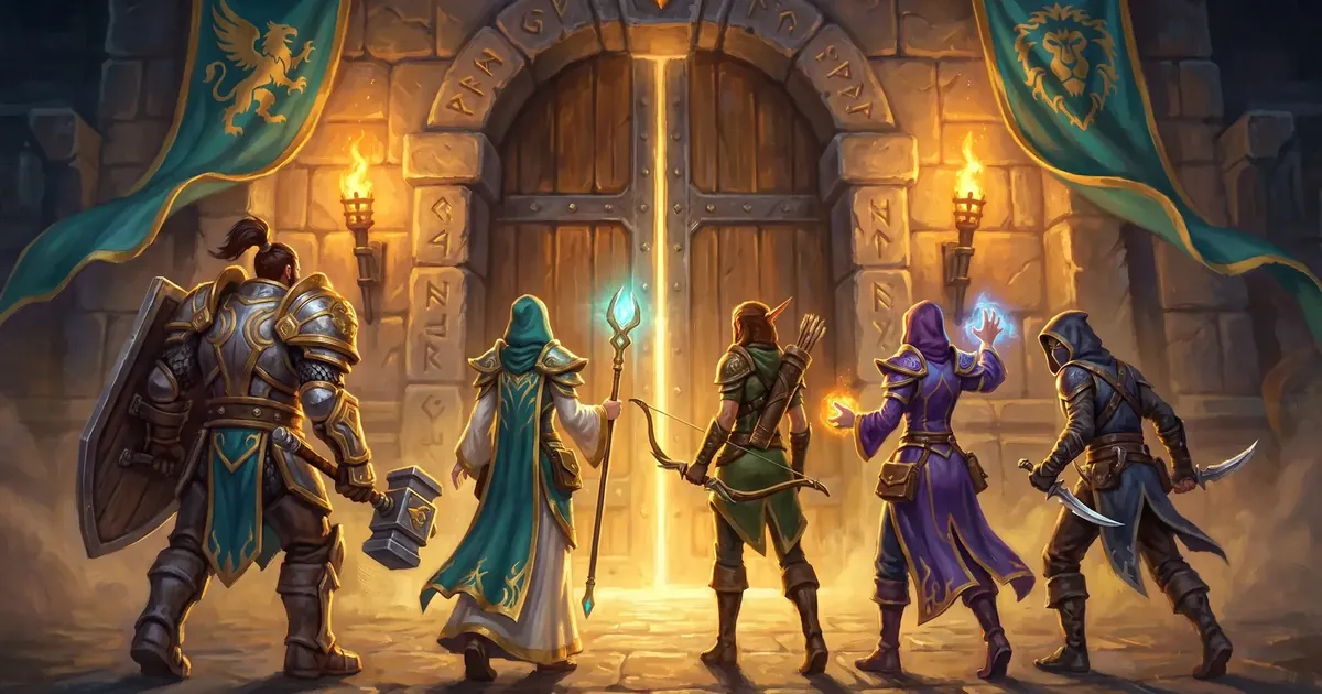 Illustration: a party of five heroes at the huge gates of a dungeon lit by torches